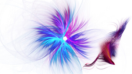 Fototapeta premium Vibrant abstract design with swirling purple, blue, and pink hues against a white background, conveying a dynamic and energetic mood with a mix of bright colors and soft, feathery textures.