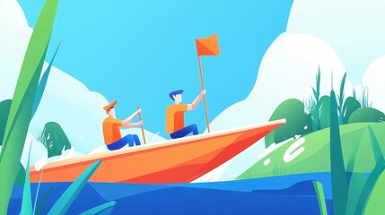 Two men rowing a boat towards a goal