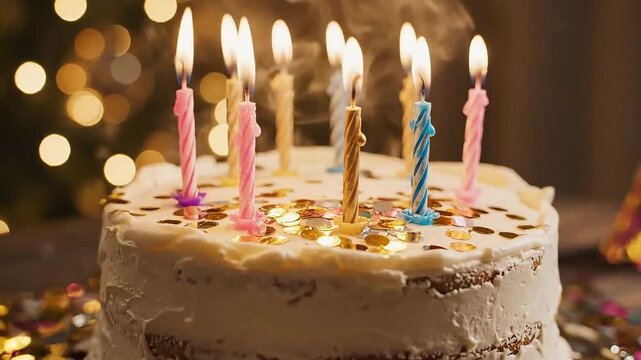 Beautiful birthday cake with lit candles on silver platter surrounded by confetti