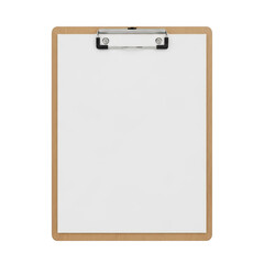A blank clipboard with a wooden frame and silver clip is centered on a white background. isolated on transparent background