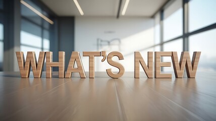 A modern office interior with wooden text that reads whats new on a wooden floor