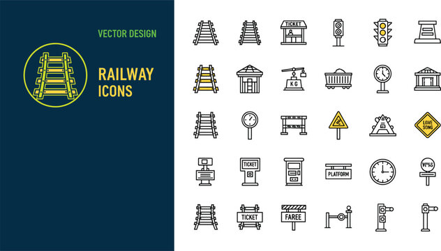 Comprehensive set of railway and train station line icons including tracks, signals, tickets, and platforms