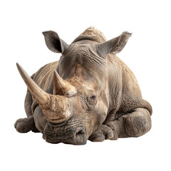 Obraz premium PNG of A resting rhinoceros showcasing its impressive horn and textured skin.