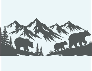 Family of bears walking in front of a mountain range