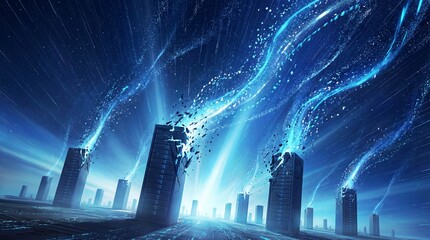 Abstract digital art depicting glowing blue energy streams emanating from monolithic structures in a dark, futuristic landscape