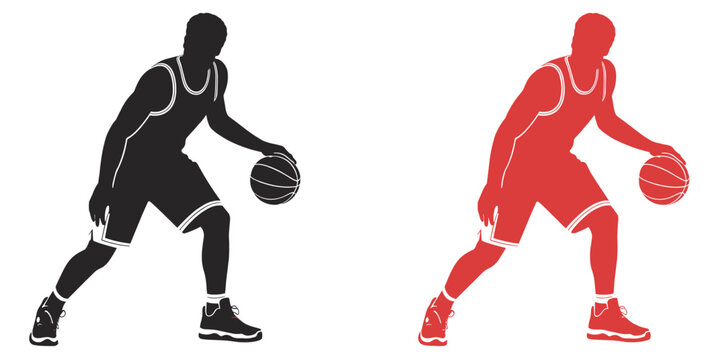 Dynamic Basketball Player Silhouettes Featuring an Athlete Dribbling the Ball in Black and Red Isolated on a White Background for Sports Action Graphic Design and Athletic Brand Identity Vector