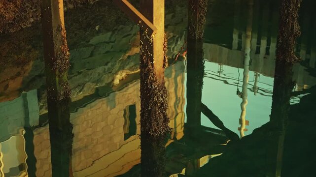 Close-up of wooden harbor pylons with seaweed under golden sunrise light, 4K.