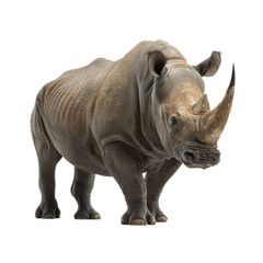 Fototapeta premium PNG of A majestic rhinoceros stands proudly, showcasing its unique horn and rugged skin.