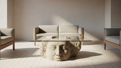 Modern interior living room featuring sculptural table and furniture