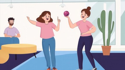 Two women playing bowling in a modern office