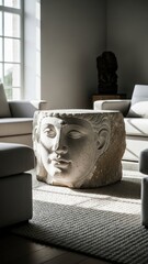 Sculpted stone table featuring classic face in bright room