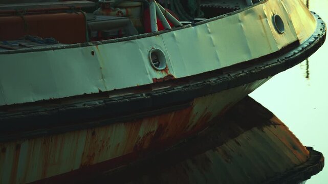 Close-up of a rusty ship hull docked at the pier with yellow and cyan sunrise reflections, 4K.