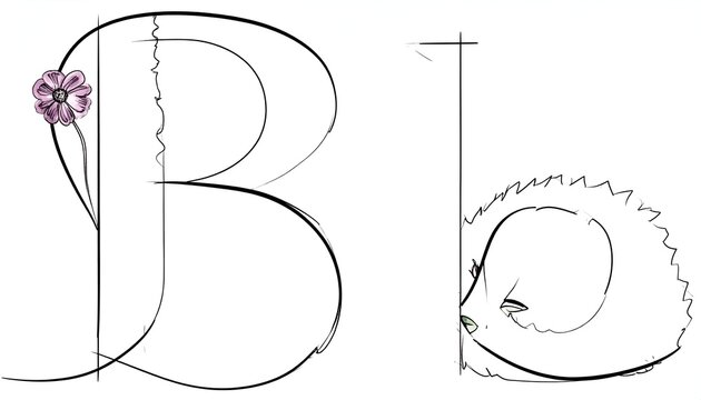 Whimsical artistic depiction of the letters "B" and "b", adorned with a flower and suggesting a hedgehog