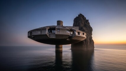 Modern building perched over ocean with rocky cliff at sunset