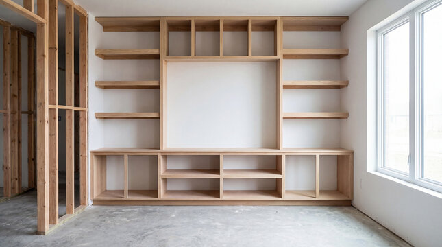 Elegant custom woodwork rising in a sunlit unfinished home creating a sleek storage vision