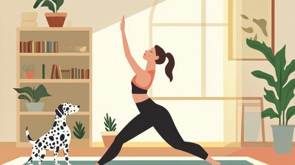 Woman doing yoga with her Dalmatian