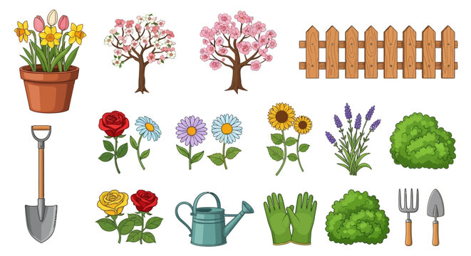Spring garden nature vector cartoon icon set with flower pot, blossom trees, fence, flowers, bushes. Summer backyard green gardening collection, shovel, equipment. Spring garden environment objects