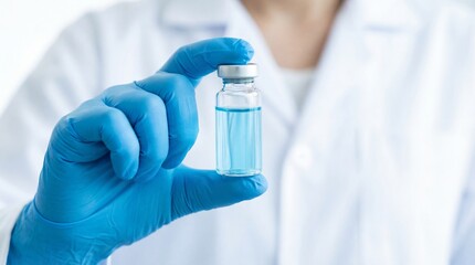 Close-up shot of a gloved hand holding a small vial of blue liquid, symbolizing medical treatment and scientific research