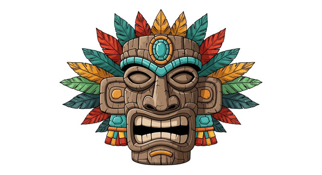 Cartoon tiki mask vector illustration, Hawaii totem face, stone tribal Aztec warrior head, isolated on white. Tropical maya native culture sculpture, primitive traditional art. Ritual tiki mask, jewel