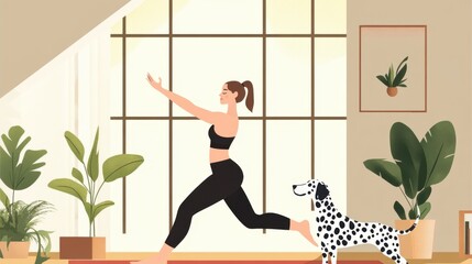 Woman doing yoga with her Dalmatian dog
