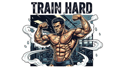 Obraz premium Muscular man flexing, bodybuilding illustration, fitness motivation, gym poster