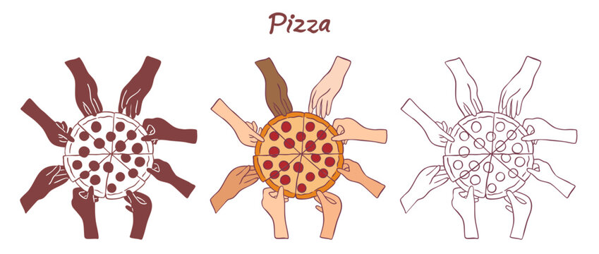 sharing pizza - hands taking and holding pizza slice illustration set - doodle, color