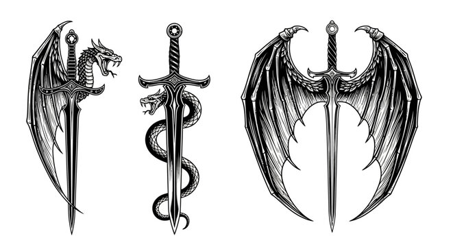 Fantasy sword tattoo set, vector linocut magic blade, dragon wings, fairy tale silhouette collection. Mystic legend snake print, spiritual medieval logotype, witchcraft sign. Sword tattoo black design
