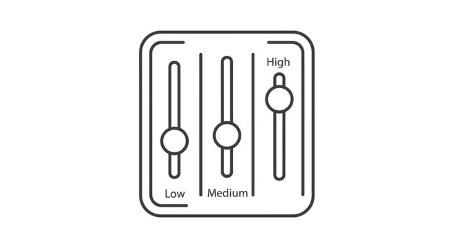 Line art icon of a control panel with three vertical sliders for low, medium, and high settings.