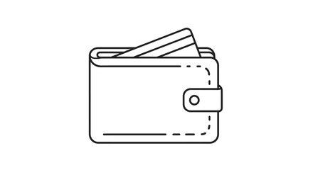A line art illustration of a bifold wallet with a credit card inside, depicting financial transactions and personal finance.