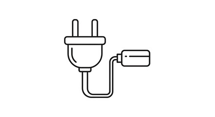 Obraz premium Line art illustration of a two-prong electrical power plug with a connected wire and a small rectangular component.