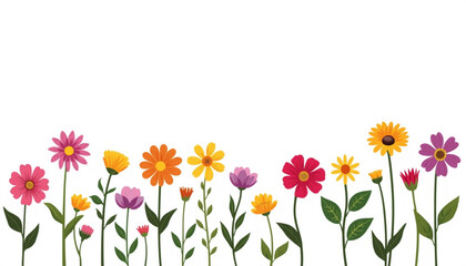 Fototapeta premium Titles: Colorful Flowers Illustration, Spring Garden Floral Border, Vibrant Blossom Vector Design, Cheerful Nature Elements