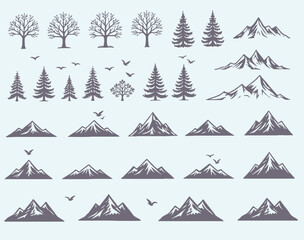 Obraz premium Mountain and tree silhouettes with birds flying