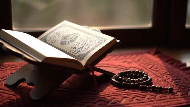 Holy Quran on a wooden stand with prayer beads, symbolizing Islamic faith and devotion.