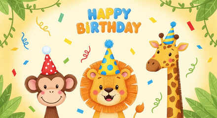 Fototapeta premium Kids cute animal print, hand drawn happy birthday party cartoon colorful pencil postcard elements. Baby lion, monkey face, giraffe in funny hat, holiday confetti scribble. Jungle kids animal poster