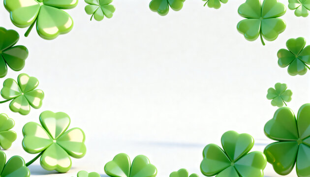 Luxurious 3D frame background featuring metallic four-leaf clovers with subtle holographic sheen scattered on white, evoking luck and blessings