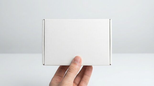 A blank white cardboard box being held by a human hand