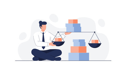 Businessperson Balancing Scales with Boxes, Concept of Decision Making and Strategy