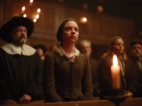 Puritan woman in colonial courtroom setting