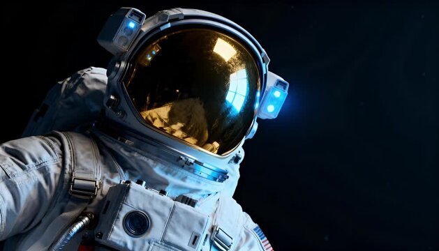 Astronaut space suit helmet reflection light universe exploration mission courage in galaxy cosmos science technology glow visor window floating silence dark mystery future wonder adventure