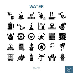 Water Glyph Icon Set. conservation, usage, drop, liquid, drink, nature, clean © Fahrul