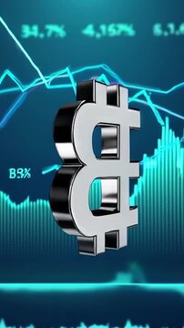 A vertical crypto video displays the Bitcoin logo layered over dynamic purchase and selling graphs, symbolizing market volatility, digital assets, blockchain technology, and financial growth trends.