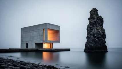 Modern concrete building beside rock formation waterscape