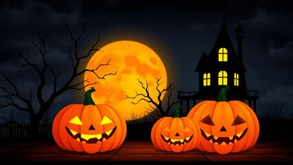 Spooky halloween night with carved pumpkins and haunted house under a full moon
