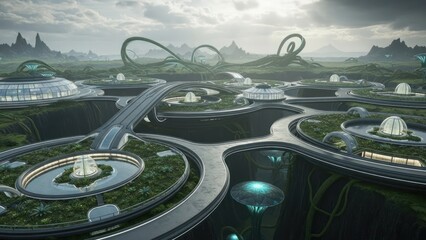 Futuristic city landscape with modern architecture and environment