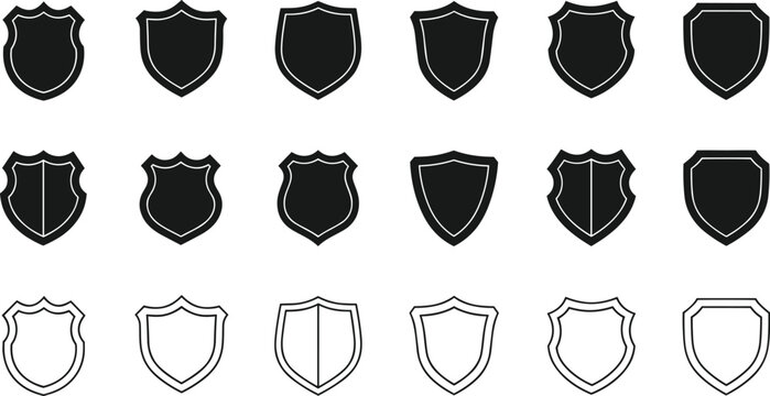 Shield badge icon collection showing security protection emblem shapes for police safety defense logo design set vector minimal black white