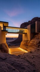 Modern bridge structure connecting buildings against sunset sky