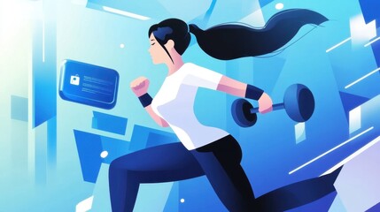 Woman exercising with dumbbells in a futuristic setting