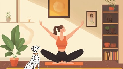 Woman doing yoga with her Dalmatian dog at home