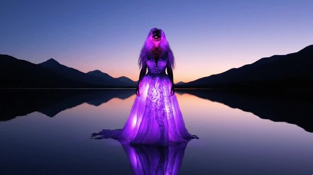A mesmerizing wide shot captures a mysterious figure in an illuminated, flowing purple gown, standing gracefully in tranquil water during a stunning twilight. The calm surface perfectly mirrors the gl