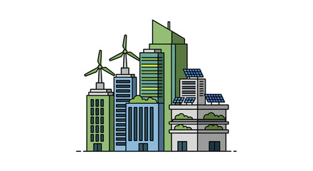 Obraz premium Illustration of a modern cityscape with buildings, wind turbines, and solar panels in a colorful, stylized graphic design on a white background.